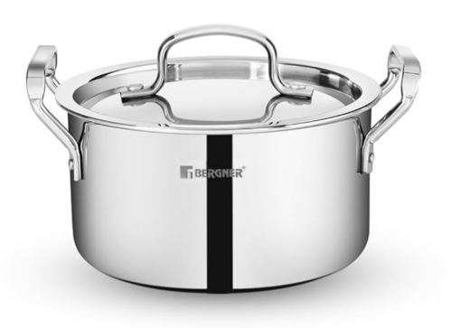 Bergner Tripro Tri-Ply Cook and Serve 20 cm Casserole/Biryani Pot/Handi with Stainless Steel Lid, 3.5 litres Triply Casserole with Lid, Induction Bottom and Gas Ready (5-Year Warranty by Bergner)